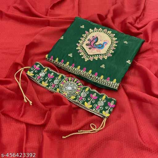 Chiffon patti saree with satin silk separate blouse, intricately embroidered net pattern on display, Indian-made single piece in Free Size (Saree length: 5.3m, Blouse length: 0.8m)