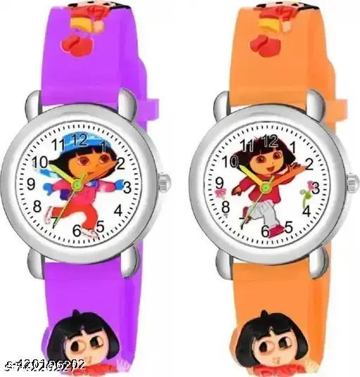 Orange watch face with Dora and Friends characters, blue second hand, digital display