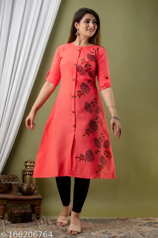 Red cotton printed kameez with straight neckline, casual fashion for women