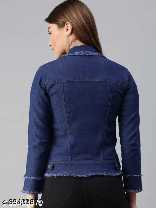 Trendy blue women's denim full sleeve jacket, solid pattern, long sleeves, enhances casual style, Indian origin