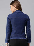 Trendy blue women's denim full sleeve jacket, solid pattern, long sleeves, enhances casual style, Indian origin