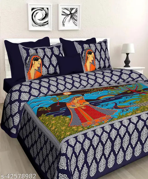 Multi-colored Jaipuri Cotton Flat Sheets (104 Thread Count), 4 Pillow Covers included, Indian origin