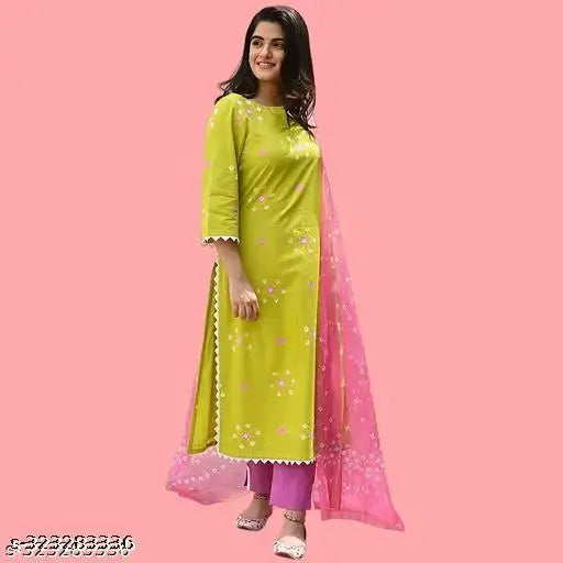 Myra superior women's cotton kurta set with dupatta and bottomwear, printed and stitched, three-quarter sleeves, available in sizes S-XXXL, originated in India