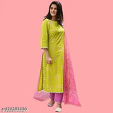 Myra superior women's cotton kurta set with dupatta and bottomwear, printed and stitched, three-quarter sleeves, available in sizes S-XXXL, originated in India