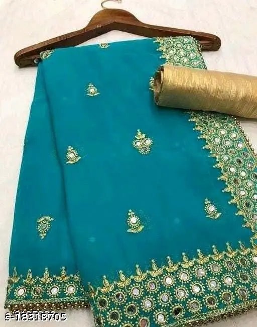 Blue and gold embroidered saree with a rolled-up end