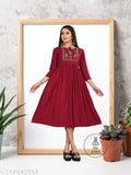 Women's long-length viscose rayon embroidered kurta, maroon color