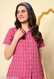 Elegant cotton katha printed night suit for women in vibrant pink, featuring short sleeves and elastic waistband
