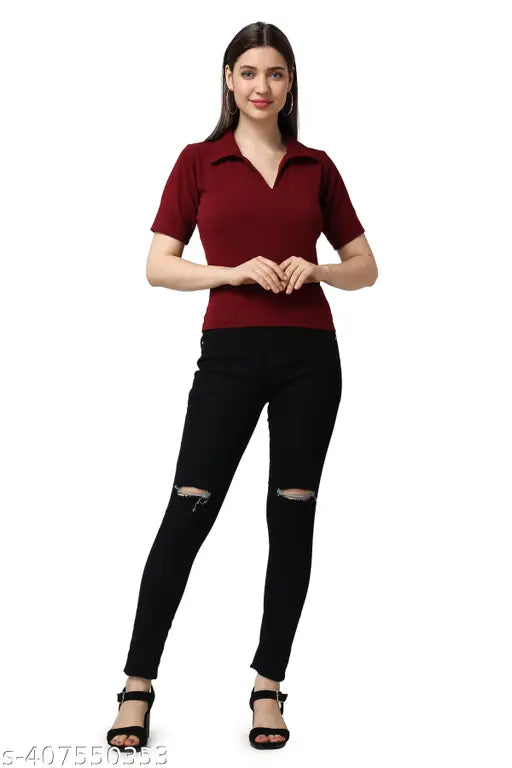 Polycotton women's half sleeve top - solid net, comfortable fit, available in multiple sizes (XS-6XL)
