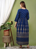 Royal blue rayon dress with intricate floral designs on long sleeves and hem