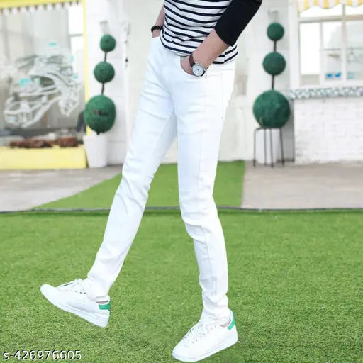 RusticBlooms men's white denim slim fit jeans - comfortable, durable, versatile for casual and dressed-up style. Quality denim, ideal for upgrading wardrobe essentials. (Waist size: 26/28/30/32 in, Hip size: 28/30/32/34 in, Length size: 39 in) Made in India