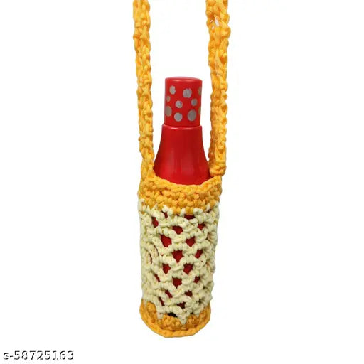 Stylish water bottle bag for girls and women, featuring a vibrant yellow crochet design with red trim