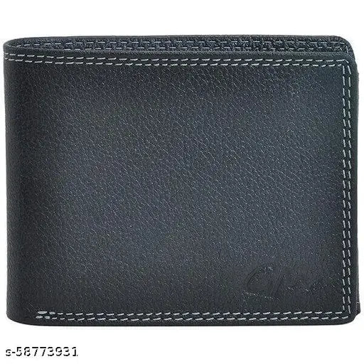 Black leather men's wallet, solid pattern, 2 compartments, free size (12cm x 8cm), India-made