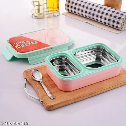 Nabhya 2 Compartment Stainless Steel Lunch Box for School with Steel Spoon 2 Containers Lunch Box (600 ml)
