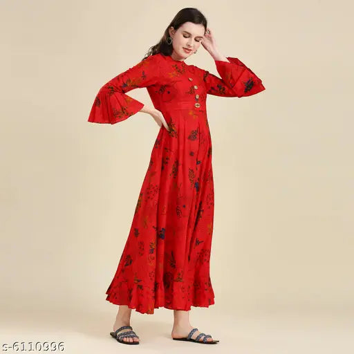 Red cotton anarkali kurta with high neck and long sleeves, fully stitched plain background and umbrella design, women's fashionable clothing