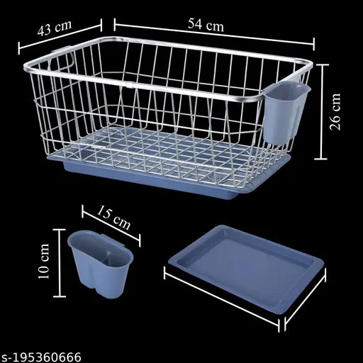 Silver metal dish drainer in stainless steel, with a single drip tray, suitable as an utensil drying stand or plate rack for kitchen sink countertop use