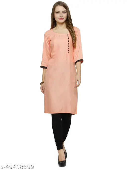 Peach solid rayon kurti, long sleeves, side slit, front pocket, crew neck