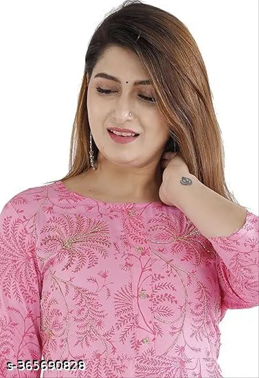 Pink Rayon Printed Anarkali Kurta, three-quarter sleeves, festive wear, Indian ethnic fashion, Rayon fabric for all seasons