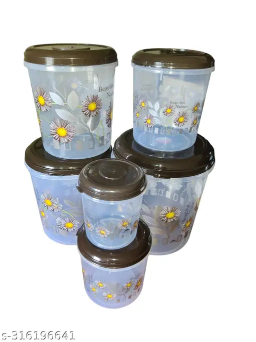 Set of six Veksin Plastic Containers, varying weights from 0.5kg to 10kg, in a brown color with an attractive design