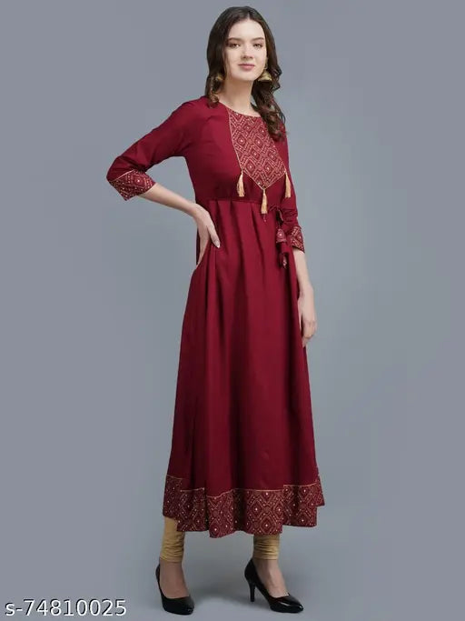 Red rayon anarkali long kurta, traditional kurta with tassels on sleeves and hem, festive partywear