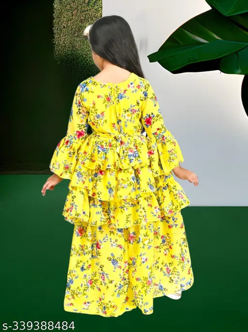 Chiffon kids' casual kurta and sharara set, A-line with printed pattern, comfortable summer wear for girls aged 1-7, Indian origin