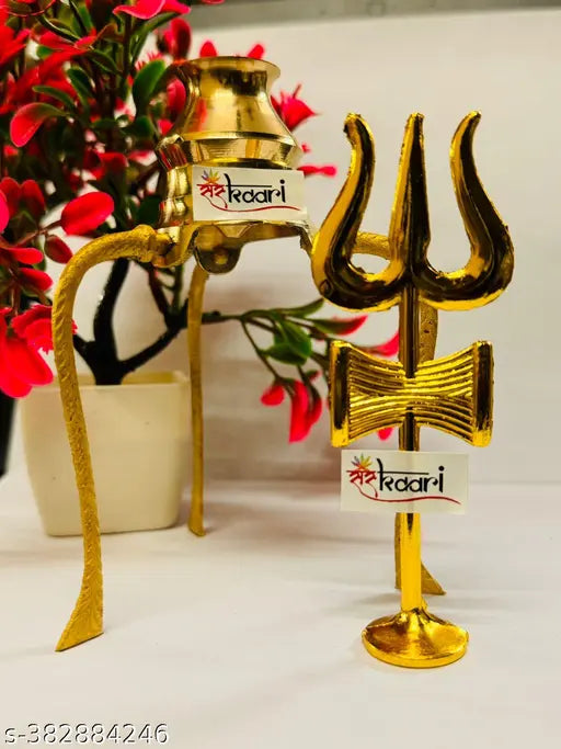 Brass Shivling stand with brass trishul and lota for puja, decorative symbol of Shiva's energy. Dimensions: 10cm x 12cm x 10cm