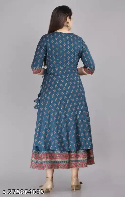 Royal Blue Rayon Anarkali Gown with front slit and gold print, three-quarter sleeves. Indian women's ethnic wear set