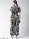 Multicolor printed rayon jumpsuit by MsFQ, tropical print design on short sleeves, women's size L (38in bust, 24in length, 32in waist)