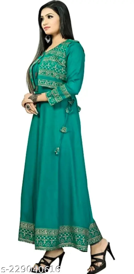 Rayon Anarkali kurta with koti in Bollywood print, three-quarter sleeves for women, Indian origin