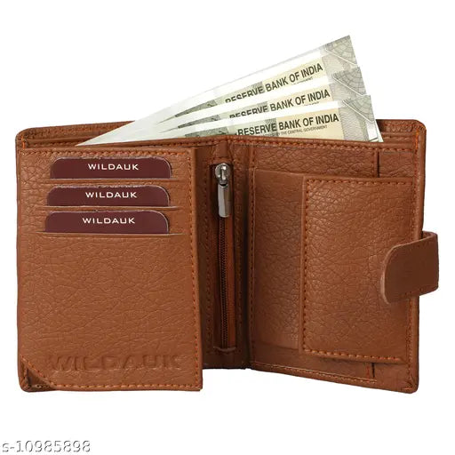 Tan artificial leather men's casual-formal travel wallet, durable PU material with 8 card slots, compact size for pockets, textured body and additional button closure
