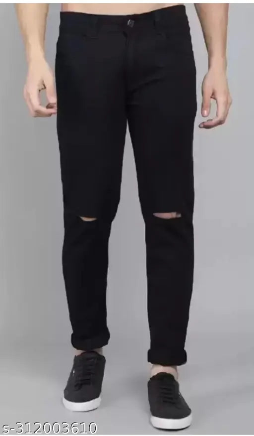 Man black knee-cut denim jeans, ripped net pattern, size 28/30/32/34 (waist 28-34in, length 41in), Indian origin