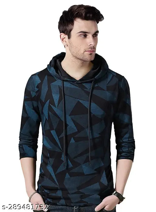 Green cotton men's printed hooded t-shirt with long sleeves, perfect for athletic activities like running and workouts