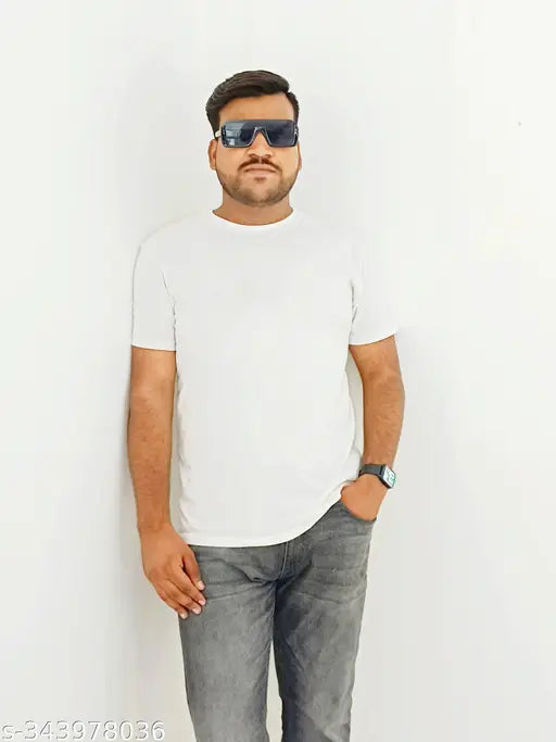 Men's solid cotton short-sleeve t-shirt, featuring plain design in natural color. Made in India