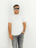 Men's solid cotton short-sleeve t-shirt, featuring plain design in natural color. Made in India