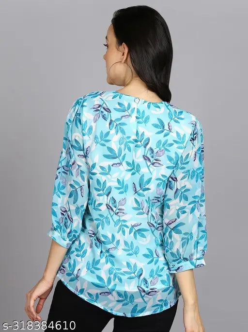 Skyblue Georgette floral print women's top, round neck, three-quarter sleeves, bishop sleeve design, made in India