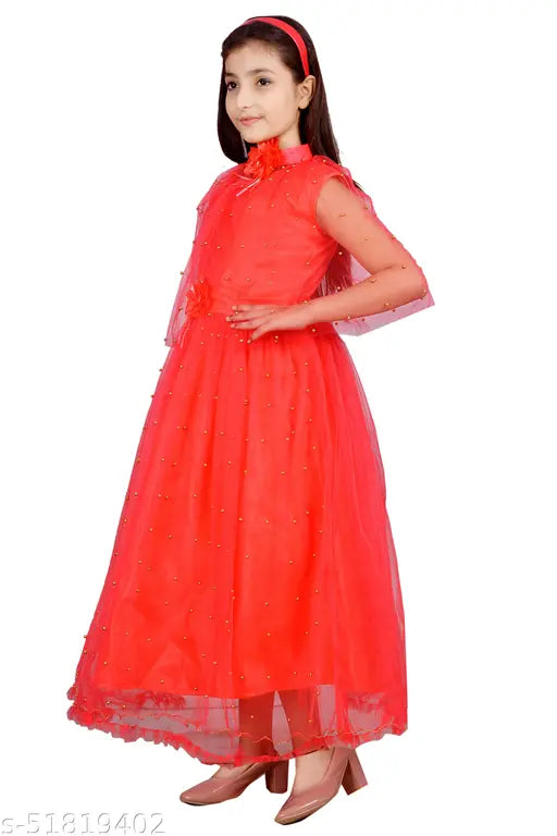 Modern stylish net gown for kids, sleeveless, solid pattern. Fits 3-4 years (bust 22in, length 28in), India origin