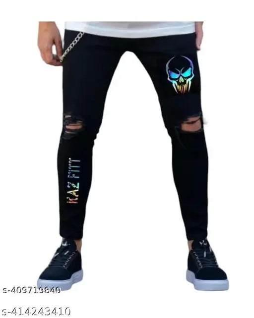 Rainbow skull design denim jeans for men, solid pattern on black fabric with regular fit. Size 28, 30, 33. Made in India