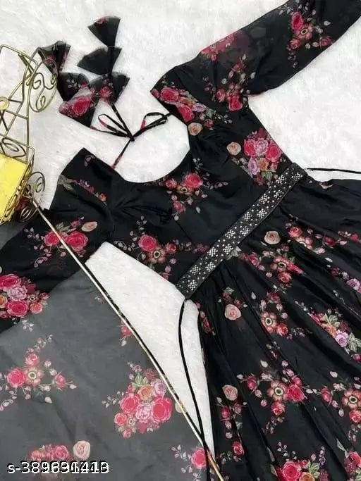 Women's black floral printed party wedding fashion gown with matching dupatta and belt, Georgette fabric. Floral Anarkali design with long sleeves, suitable for ethnic parties and weddings. Size S-XXL available. Indian made