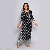 Black rayon Straight Kurti with Plazzo Set for Women and Girls, printed design, three-quarter sleeves, pack of 2 sizes S-L