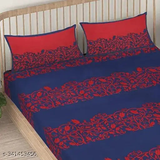 Mosaic navy & red printed cotton flat sheets, ethnic motifs, 2 pillow covers included for summer use, country of origin: India (125 characters)