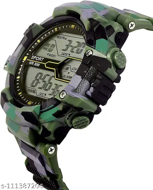 Green and black sports watch with digital display, designed for outdoor activities, water resistant up to 50 meters, men's watch