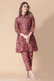 Designer foil printed modal coord set, three-quarter sleeve length, Indian party-wear fashion on hanger
