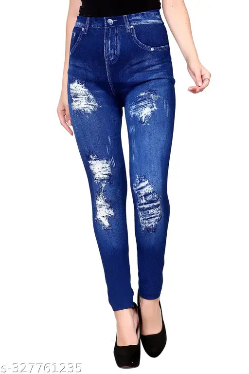Blue Printed Denim Look Jeggings for Women and Girl, super fine stretchable Cotton Poly Blend Fabric, 4-way stretch, printed design, fitted from toes to waist, available in sizes: M (28/35), L (30/35), XL (32/35), Free Size (35/35)