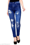 Blue Printed Denim Look Jeggings for Women and Girl, super fine stretchable Cotton Poly Blend Fabric, 4-way stretch, printed design, fitted from toes to waist, available in sizes: M (28/35), L (30/35), XL (32/35), Free Size (35/35)
