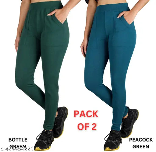 Cotton blend solid color KARARO Women's mid-waist yoga/jeggings pack of 2 - perfect for activewear & casual wear, flattering fit with elastic closure and breathable fabric