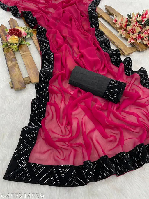 Indian 1001 velvet Georgette saree with matching solid-patterned running blouse, free size, length 5.4m