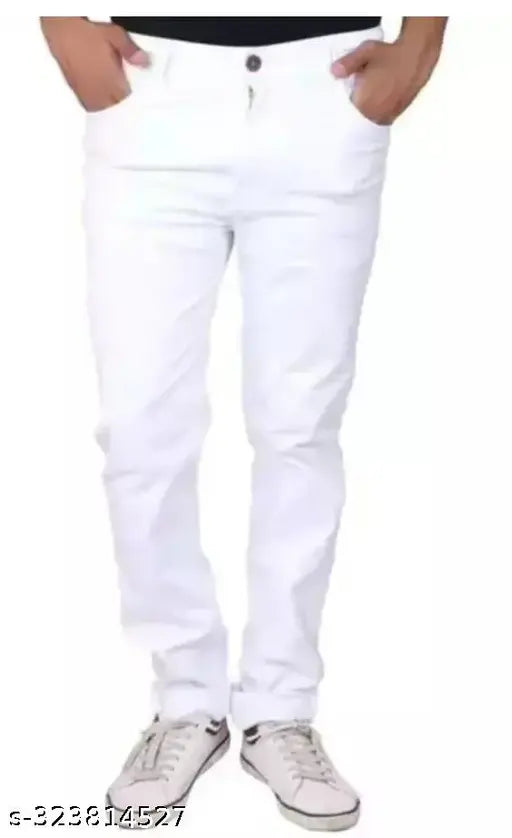 Plain white denim jeans for men, solid style in sizes 28, 30, or 32 inches waist and 41 inches length, originated from India