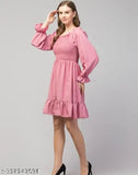Solid crepe long sleeve dress, Indian handcrafted women's formal wear - size S (36in bust, 36in length)