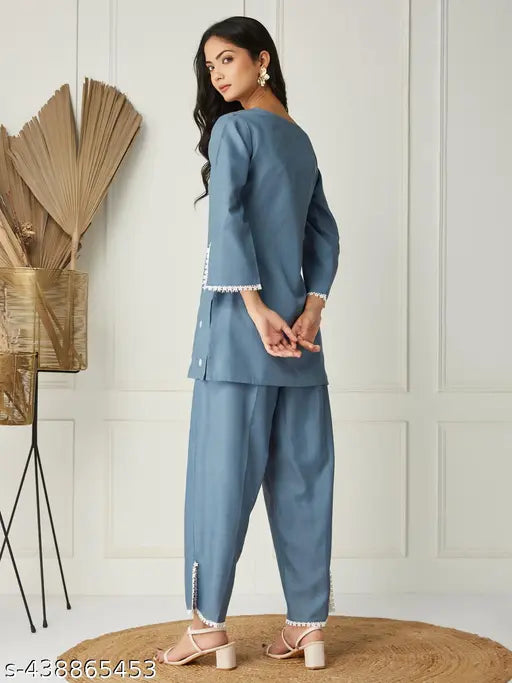 Women's Poly Cotton Lace CoOrd Set, V-neck top with lace detailing & 3/4 sleeves, effortless elegance for casual outings or relaxed gatherings