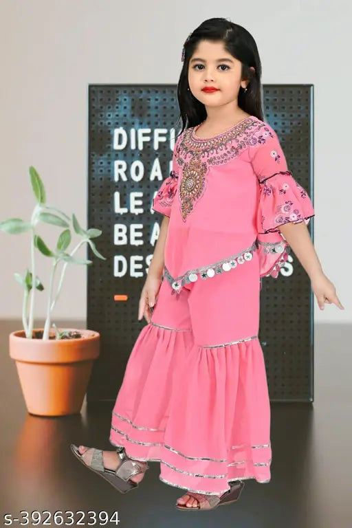 Pink cotton blend sharara set for girls with anarkali top, knee-length and three-quarter sleeves, new design. Perfect for kids aged 4-12 years