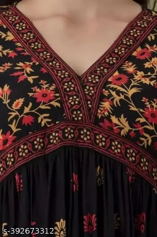 Black rayon Anarkali kurti, floral printed, trendy ethnic wear gown, size XXS to 7XL